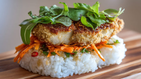 Delight in a beautifully plated crispy fried fish fillet resting on fluffy rice, garnished with fresh greens and colorful shredded vegetables for a vibrant meal.の素材