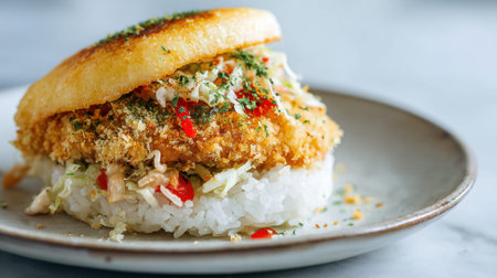 A delicious crispy fried chicken sandwich layered with fresh vegetables and rice, beautifully garnished with herbs and spices, perfect for any meal occasion.の素材