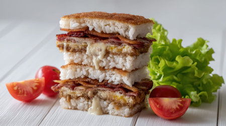 Indulge in this gourmet sandwich featuring crispy rice layers filled with savory bacon and melted cheese, accompanied by fresh tomatoes and vibrant lettuce.の素材