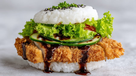 A stunning close-up of a rice sandwich filled with crispy fried meat, fresh vegetables, and rich sauce, perfect for food enthusiasts and culinary creatives.の素材