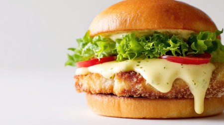 A savory crispy chicken sandwich featuring fresh lettuce, ripe tomatoes, and creamy sauce nestled in a soft brioche bun, perfect for any meal.の素材