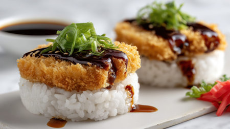 A visually appealing plate of crispy katsu sushi garnished with green onions and drizzled with savory sauce, perfect for showcasing culinary artistry and flavor.の素材