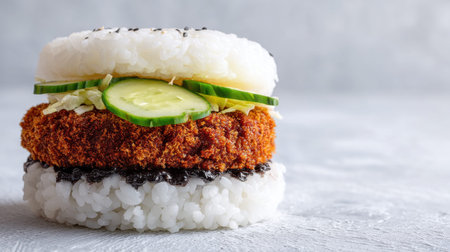 A captivating sushi burger featuring rice patties, crispy fried chicken, fresh cucumber, and lettuce, ideal for innovative culinary experiences and foodie adventures.の素材