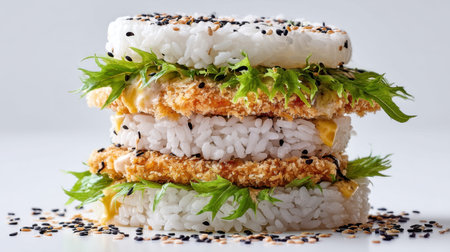 A visually appealing layered burger made from rice, featuring crispy chicken and fresh lettuce, garnished with black sesame seeds for a delightful culinary experience.の素材