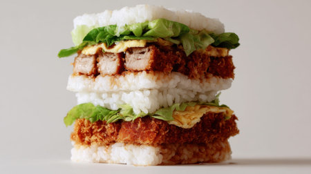 This striking rice sandwich features layers of crispy chicken, fresh lettuce, and savory omelet, making it an ideal subject for food photography and culinary art.の素材