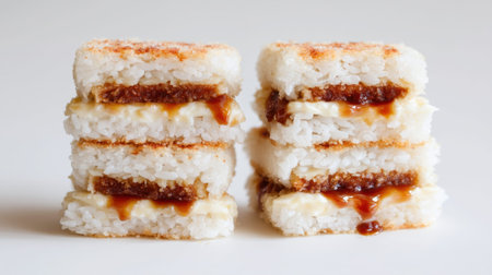 Indulge in a visually appealing arrangement of layered rice sandwiches featuring savory sauces. Perfect for food lovers and culinary enthusiasts seeking inspiration.の素材