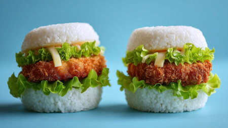 Vibrant sushi style burgers featuring crispy chicken, fresh lettuce, and melted cheese. Perfect for food photography or culinary inspiration in creative projects.の素材