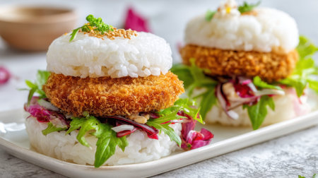 Experience the fusion of flavors with these unique rice burgers featuring crunchy filling and fresh vegetables, perfect for a delightful dining occasion.の素材