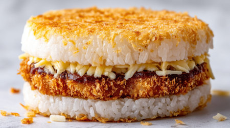 Indulge in a delightful crispy rice sandwich featuring a golden coating, a savory filling of melted cheese, and an innovative presentation perfect for food lovers.の素材