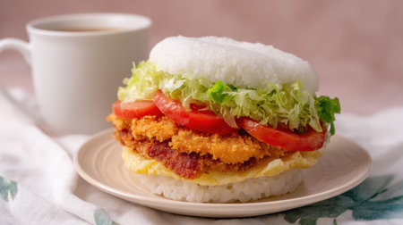 Enjoy a vibrant rice burger filled with crispy chicken, fresh lettuce, and tomato, paired with a warm cup of tea. Perfect for any meal occasion.の素材