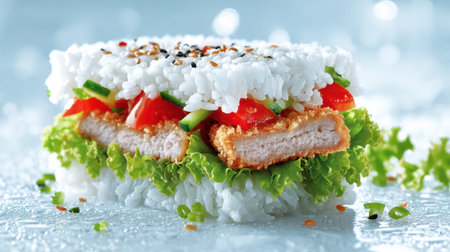 A captivating sushi sandwich featuring layers of crispy chicken, fresh lettuce, and vibrant tomatoes, all beautifully presented with seasoned rice, ideal for food lovers.の素材