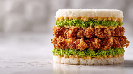 This stunning culinary creation showcases a unique layered sushi dish featuring crispy chicken, fresh lettuce, and a savory sauce, perfect for food enthusiasts.の素材