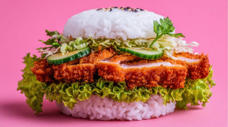 An innovative culinary creation featuring crispy chicken layered with fresh vegetables and sushi rice, set against a playful pink background for a vibrant look.の素材