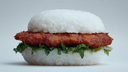 This image features a unique chicken sandwich alternative, using rice instead of bread. Perfect for showcasing modern culinary trends in food photography and design.の素材
