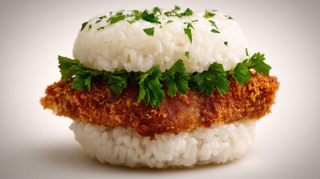 Explore a unique food creation featuring crispy fried meat nestled between soft rice patties, garnished with fresh herbs, perfect for culinary enthusiasts.の素材
