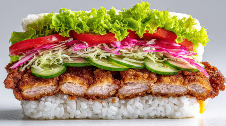 Indulge in a beautifully composed sushi sandwich featuring crispy chicken, topped with fresh vegetables, perfect for food lovers seeking vibrant flavors and textures.の素材