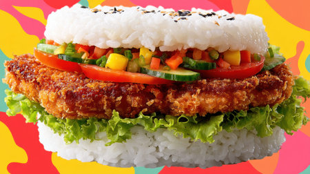 This stunning gourmet rice sandwich features crispy chicken, fresh vegetables, and a colorful background, offering a visual feast that embodies culinary creativity and deliciousness.の素材