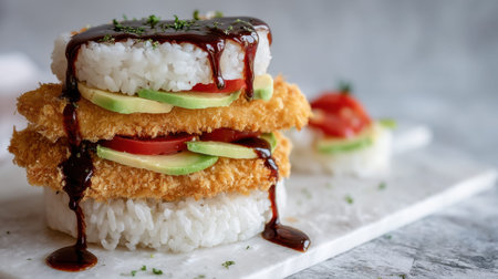 This image showcases a creative food presentation featuring crispy chicken, sushi rice, fresh avocado, and a savory sauce, perfect for appealing culinary photography.の素材