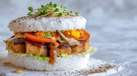 This visually stunning rice burger showcases grilled meat layered with fresh vegetables and sauce, presenting a perfect balance of textures and flavors for food lovers.の素材