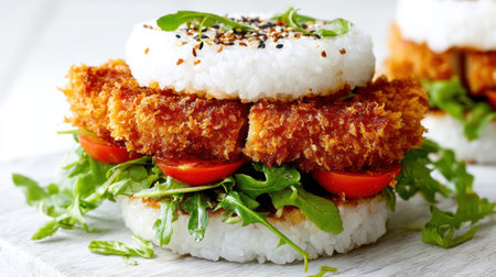 This image showcases a delightful rice sandwich featuring crispy chicken, fresh tomatoes, and arugula, garnished with sesame seeds, perfect for healthy eating.の素材