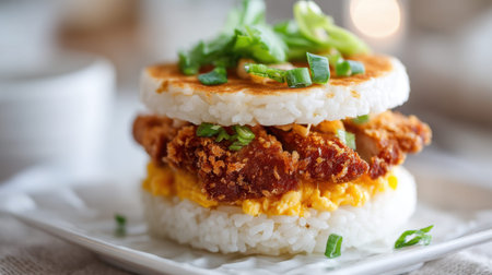 A mouthwatering fried chicken sandwich featuring crispy chicken fillet nestled between fluffy rice cakes, garnished with fresh green onions for a delightful dish.の素材