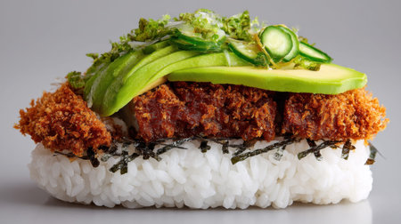 This vibrant sushi features crispy chicken and creamy avocado on a bed of white rice, garnished with seaweed and fresh vegetables, making it an inviting dish.の素材
