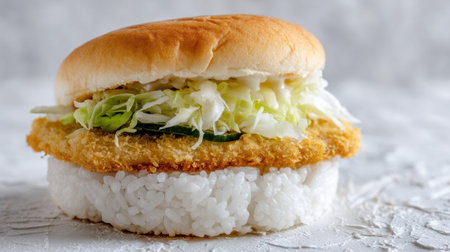 Explore a captivating fusion dish combining crispy fried fillet, fresh cabbage, and a soft rice bun, ideal for innovative menus and food photography enthusiasts.の素材