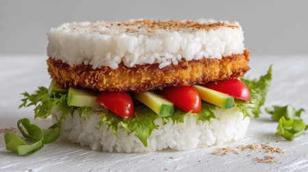 Creative food photography featuring a visually striking sandwich made with rice patties, fried protein, and vibrant fresh vegetables, ideal for culinary inspiration.の素材