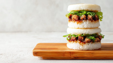 Stacked rice cakes featuring crispy vegetables and savory sauce showcased on a wooden board. Perfect for food lovers and culinary enthusiasts seeking inspiration.の素材