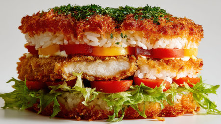 Enjoy a visually stunning chicken rice sandwich layered with fresh vegetables, crispy coating, and vibrant garnish, ideal for enticing food photography and culinary inspiration.の素材