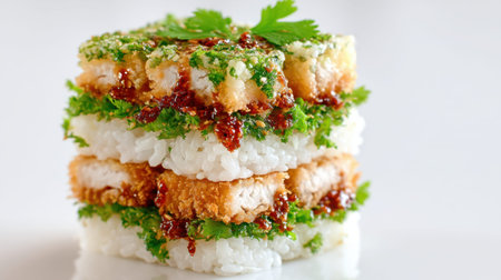Savor a stunning sushi stack featuring layers of crispy chicken, vibrant herbs, and rich sauce, perfect for a culinary delight on any dining occasion.の素材