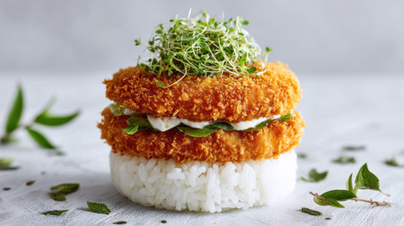 A stunning food presentation featuring a crispy chicken and rice dish layered with fresh herbs and microgreens, ideal for inviting appetites in culinary settings.の素材