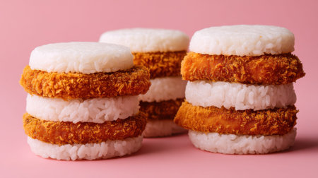 Discover an enticing arrangement of gourmet rice sandwiches featuring crispy chicken and soft rice cakes, ideal for food presentation and culinary creativity.の素材