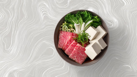 This image showcases a vibrant bowl of fresh ingredients for Japanese hot pot, including tender beef slices, tofu cubes, and assorted vegetables, perfect for sharing.の素材
