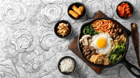 A vibrant Korean hot pot features fresh vegetables, savory meat, a perfectly cooked egg, and noodles, beautifully arranged on a decorative swirling background.の素材