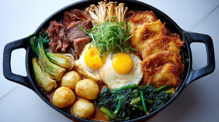 Indulge in a vibrant hot pot meal with a medley of vegetables, eggs, and juicy beef, all beautifully arranged in a cast iron pot for a delightful dining experience.の素材