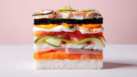 A stunning layered sushi stack featuring various fresh ingredients, beautifully arranged on a white surface, with a soft pink background emphasizing its gourmet appeal.の素材