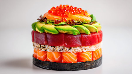 A visually stunning sushi cake featuring layers of vibrant, fresh fish, creamy avocado, and bright roe, all set atop a base of seasoned rice for an impressive presentation.の素材