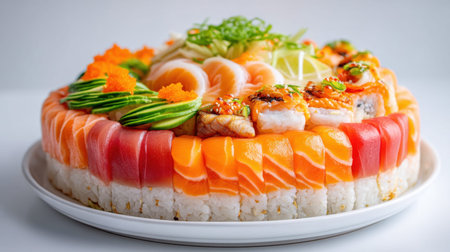 This vibrant sushi display showcases an array of fresh fish, colorful vegetables, and artistic presentation, perfect for culinary enthusiasts and food photography.の素材