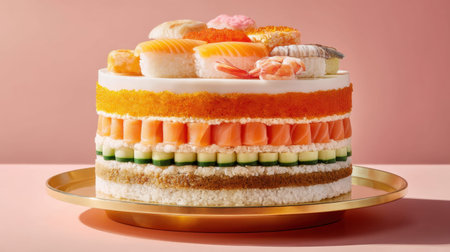 This striking sushi cake features layers of colorful sushi ingredients, beautifully arranged on a golden plate. A perfect centerpiece for celebrations.の素材