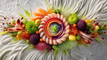 This stunning arrangement features a vibrant array of fresh fruits and vegetables, showcasing intricate details and appealing colors, perfect for culinary presentations.の素材