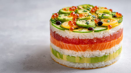A stunning layered sushi cake featuring fresh salmon, avocado, and cucumber, garnished with colorful toppings, ideal for food enthusiasts and events.の素材