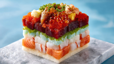 A vibrant sushi stack featuring layers of fresh fish and colorful ingredients beautifully arranged on a gray marble plate against a soft focus background.の素材