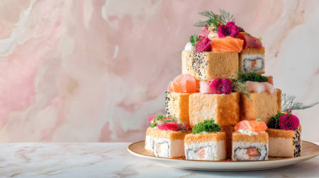 A stunning display of a sushi tower featuring various seafood and vibrant toppings, presenting an artistic approach to gourmet cuisine against a soft pastel backdrop.の素材