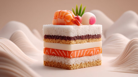 This visually striking dessert features delicate layers of cream, crispy base, and eye-catching seafood toppings, beautifully arranged against a soft background.の素材