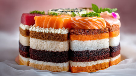 A visually stunning dessert cake featuring distinct layers of chocolate, vanilla, and vibrant fruit flavors. Perfect for special occasions and celebrations.の素材