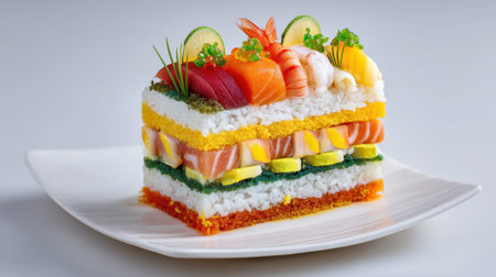 A visually stunning sushi cake layered with fresh fish and vibrant toppings, designed for an elegant presentation that delights the senses and showcases culinary creativity.の素材