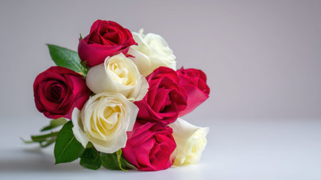 A stunning bouquet featuring red and white roses beautifully arranged with green leaves. Ideal for romantic occasions, celebrations, or decorative use in various settings.の素材