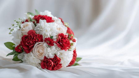 This beautiful bouquet showcases red and white flowers, perfect for weddings, events, and romantic occasions. The soft background complements the vibrant blooms.の素材