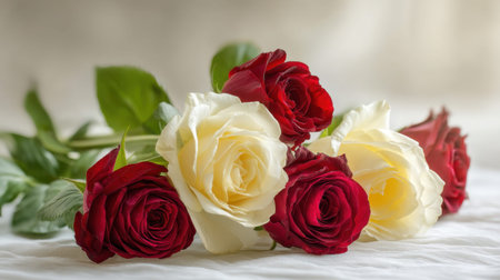 A stunning arrangement of fresh red and white roses lies gracefully on soft white fabric, creating a serene and romantic atmosphere perfect for various occasions.の素材
